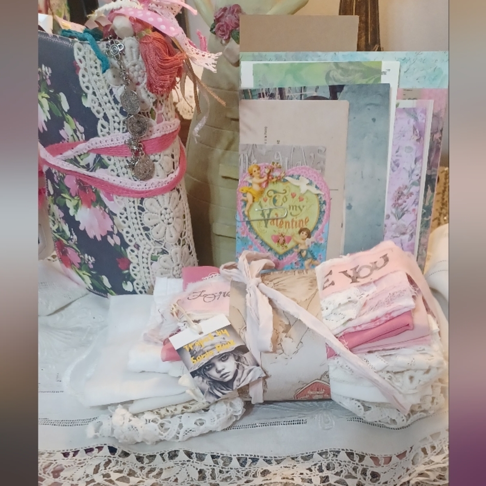 Floral , Pastel Color Fabric, and  Lace Bundle, Journal Paper And Cards.